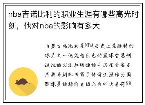 nba吉诺比利的职业生涯有哪些高光时刻，他对nba的影响有多大